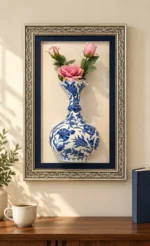 Pembe Güllü Duvar Panosu 39 x 64 cm Gümüş Renk Desenli Çerçeveli Mavi Beyaz Vazo Detaylı
