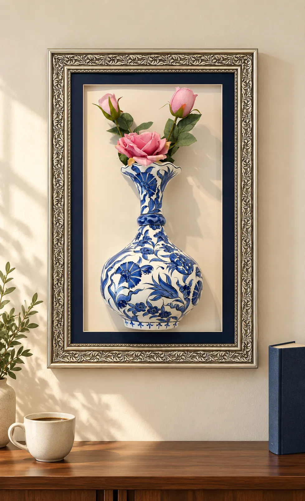 tablo-2 Pembe Güllü Duvar Panosu 39 x 64 cm Gümüş Renk Desenli Çerçeveli Mavi Beyaz Vazo Detaylı - Görsel 1