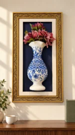 Bordo Çiçekli Duvar Panosu 33 x 64 cm Altın Renk Desenli Çerçeveli Mavi Beyaz Vazo Detaylı