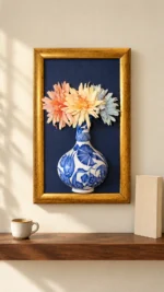 Altın Renk Çerçeveli Çiçekli Duvar Panosu 19 x 30 cm Mavi Beyaz Vazo Detaylı