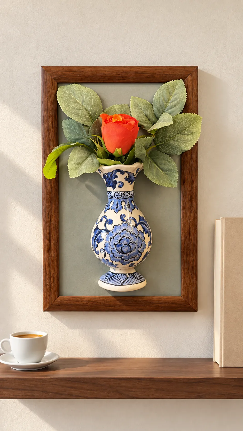 tablo-2 Kırmızı Güllü Duvar Panosu 19 x 30 cm Kahverengi Çerçeveli Mavi Beyaz Vazo Detaylı - Görsel 1