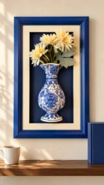 Mavi Çerçeveli Çiçekli Duvar Panosu 27 x 45 cm Krem Çiçekli Mavi Beyaz Vazo Detaylı