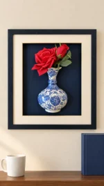 Kırmızı Güllü Duvar Panosu 30 x 36 cm Siyah Çerçeveli Mavi Beyaz Vazo Detaylı
