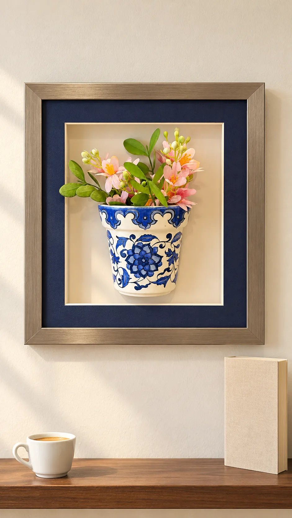 tablo-2 Pembe Çiçekli Duvar Panosu 26 x 30 cm Mavi Beyaz Desenli Saksı Detaylı Çerçeveli Duvar Süsü - Görsel 1