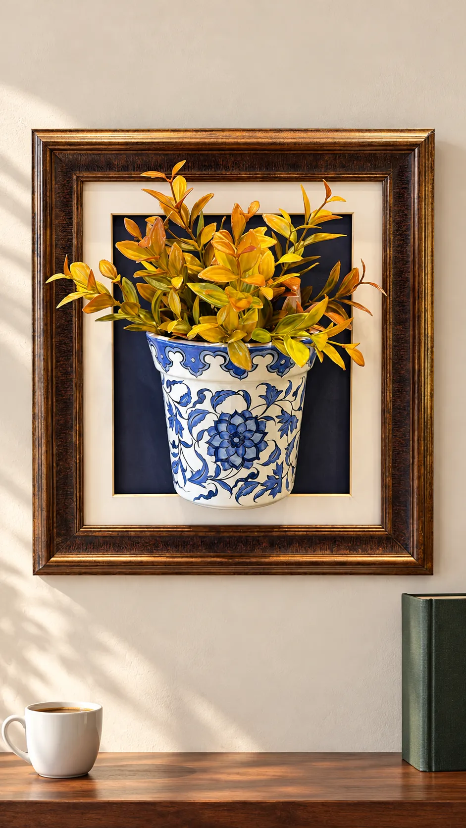 tablo-2 Sarı Yapraklı Duvar Panosu 32 x 36 cm Mavi Beyaz Saksı Detaylı Kahverengi Altın Çerçeveli - Görsel 1