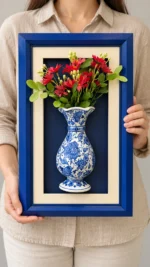 Kırmızı Çiçekli Duvar Panosu 26 x 45 cm Mavi Çerçeveli Mavi Beyaz Vazo Detaylı - Görsel 3