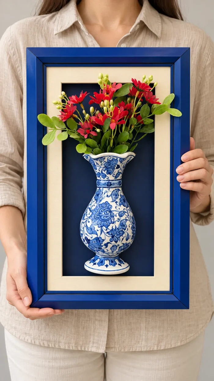 Kırmızı Çiçekli Duvar Panosu 26 x 45 cm Mavi Çerçeveli Mavi Beyaz Vazo Detaylı - Görsel 3