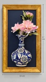Altın Renk Çerçeveli Pembe Çiçekli Duvar Panosu 32 x 57 cm Lacivert Vazo Detaylı - Görsel 3
