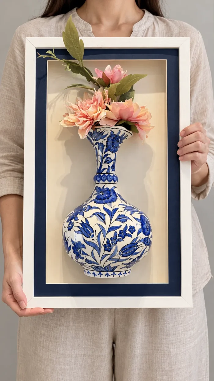 Pembe Çiçekli Duvar Panosu 35 x 57 cm Beyaz Çerçeveli Mavi Beyaz Vazo Detaylı - Görsel 3