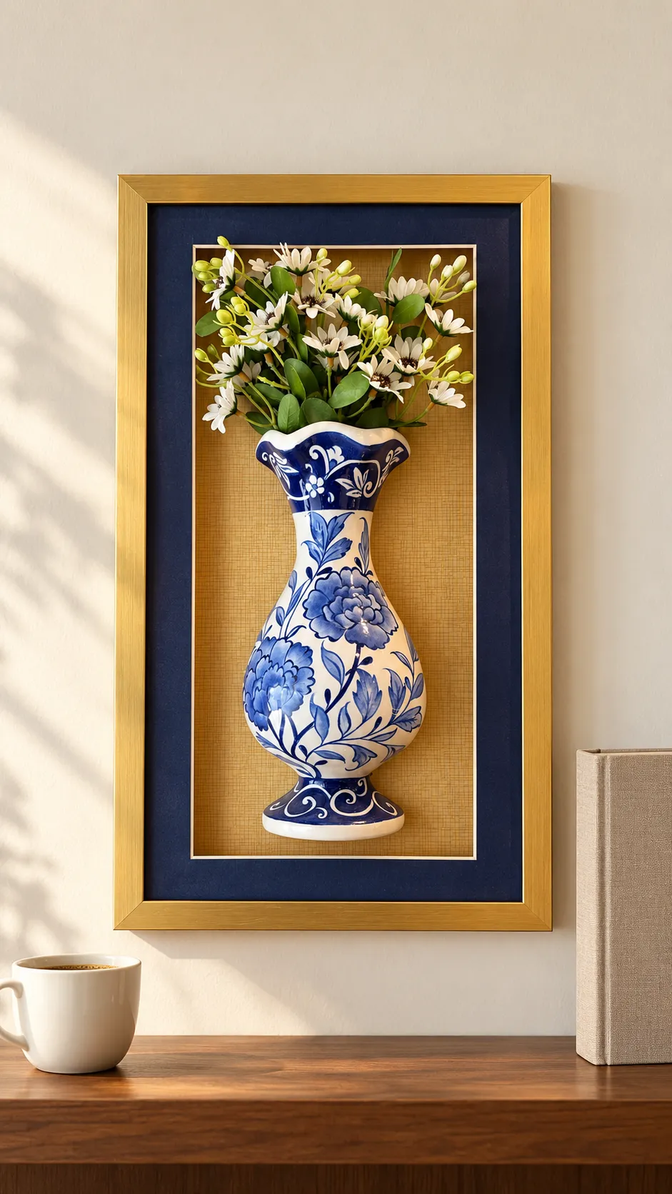 tablo-3 Beyaz Çiçekli Duvar Panosu 25,5 x 45 cm Altın Renk Çerçeveli Mavi Beyaz Vazo Detaylı - Görsel 1