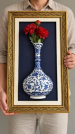 Kırmızı Güllü Duvar Panosu 37 x 62 cm Altın Renk İşlemeli Çerçeveli Mavi Beyaz Vazo Detaylı - Görsel 2