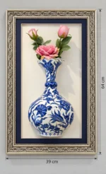 Pembe Güllü Duvar Panosu 39 x 64 cm Gümüş Renk Desenli Çerçeveli Mavi Beyaz Vazo Detaylı - Görsel 2