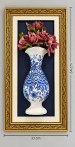 Bordo Çiçekli Duvar Panosu 33 x 64 cm Altın Renk Desenli Çerçeveli Mavi Beyaz Vazo Detaylı - Görsel 3