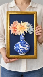 Altın Renk Çerçeveli Çiçekli Duvar Panosu 19 x 30 cm Mavi Beyaz Vazo Detaylı - Görsel 3