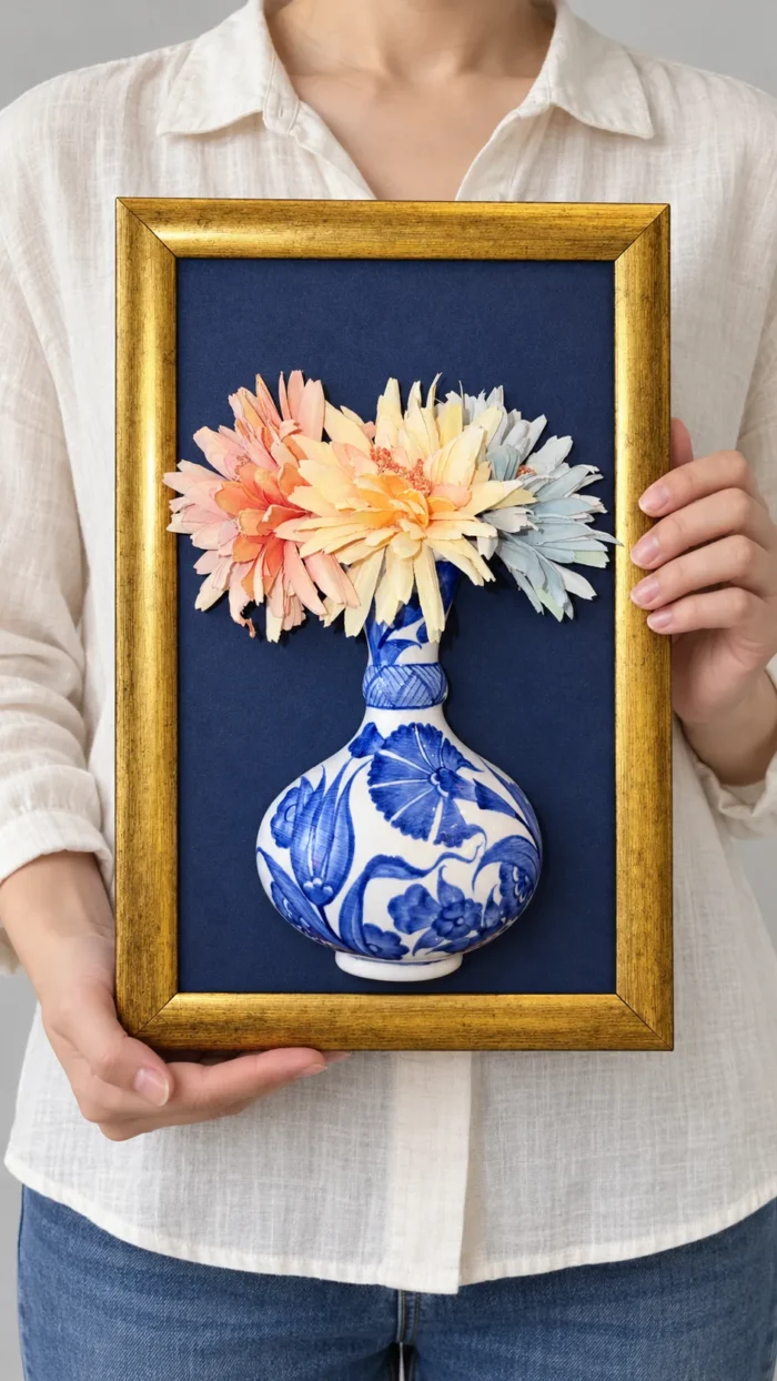 Altın Renk Çerçeveli Çiçekli Duvar Panosu 19 x 30 cm Mavi Beyaz Vazo Detaylı - Görsel 3
