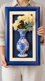 Mavi Çerçeveli Çiçekli Duvar Panosu 27 x 45 cm Krem Çiçekli Mavi Beyaz Vazo Detaylı - Görsel 2