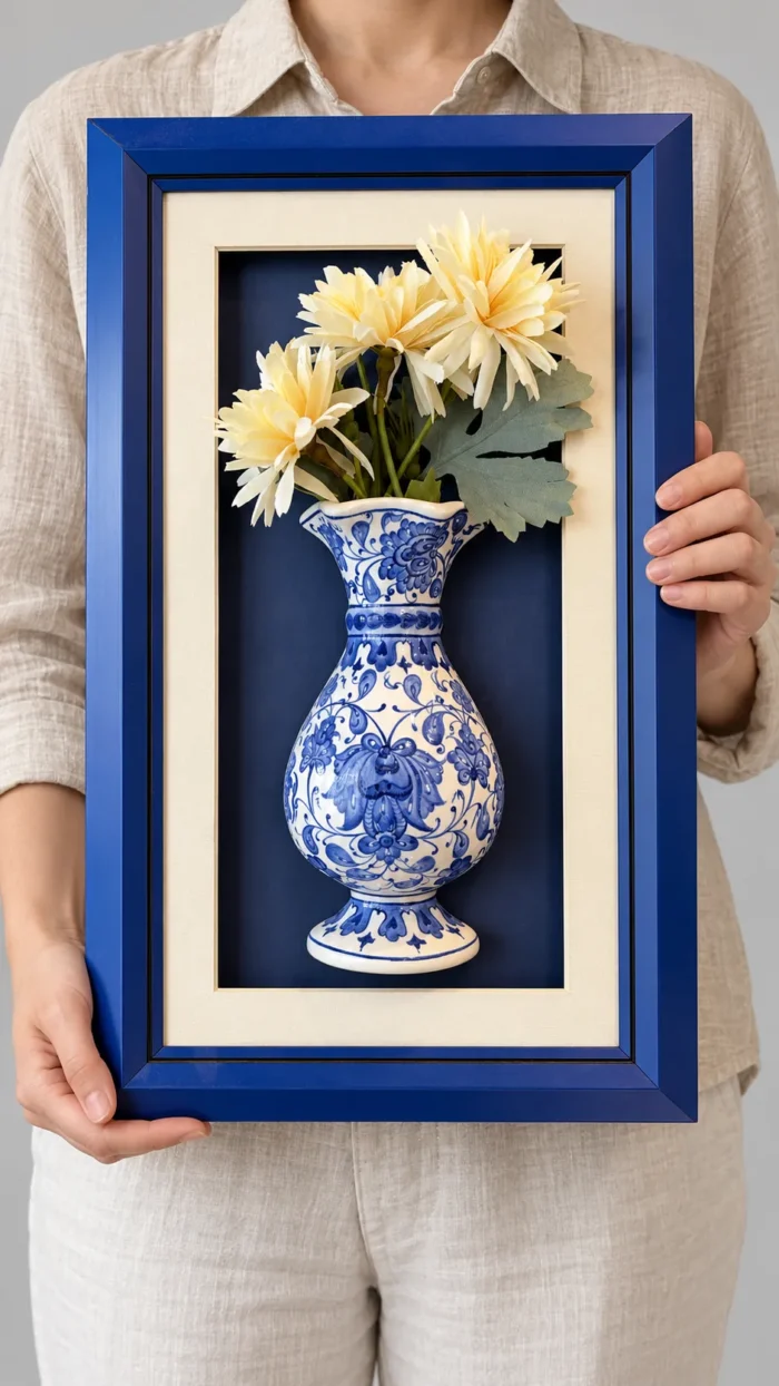 Mavi Çerçeveli Çiçekli Duvar Panosu 27 x 45 cm Krem Çiçekli Mavi Beyaz Vazo Detaylı - Görsel 2