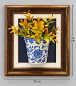 Sarı Yapraklı Duvar Panosu 32 x 36 cm Mavi Beyaz Saksı Detaylı Kahverengi Altın Çerçeveli - Görsel 2