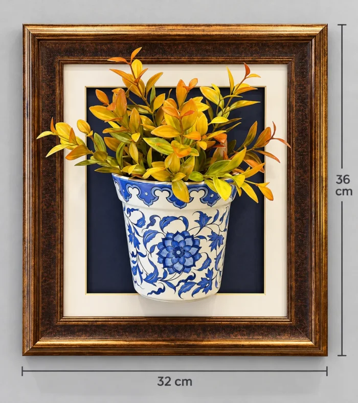 Sarı Yapraklı Duvar Panosu 32 x 36 cm Mavi Beyaz Saksı Detaylı Kahverengi Altın Çerçeveli - Görsel 2