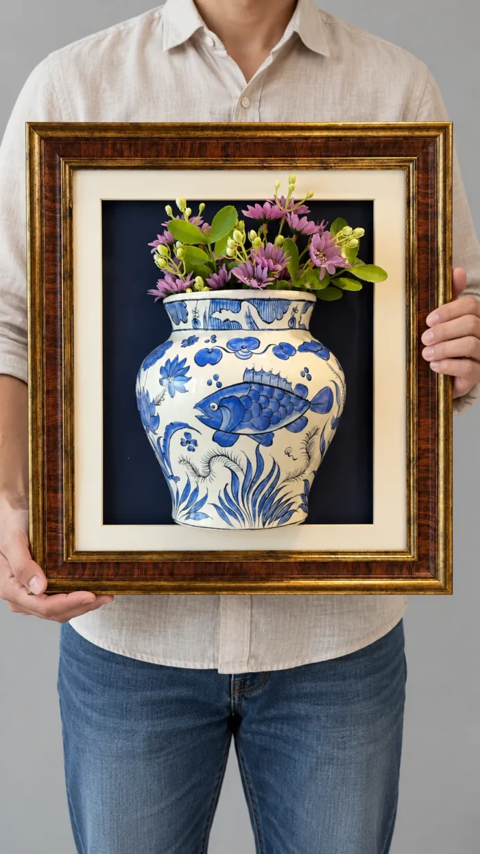 Balık Motifli Vazo ve Çiçekli Duvar Panosu 35 x 40 cm Kahverengi Altın Detaylı Çerçeveli - Görsel 3