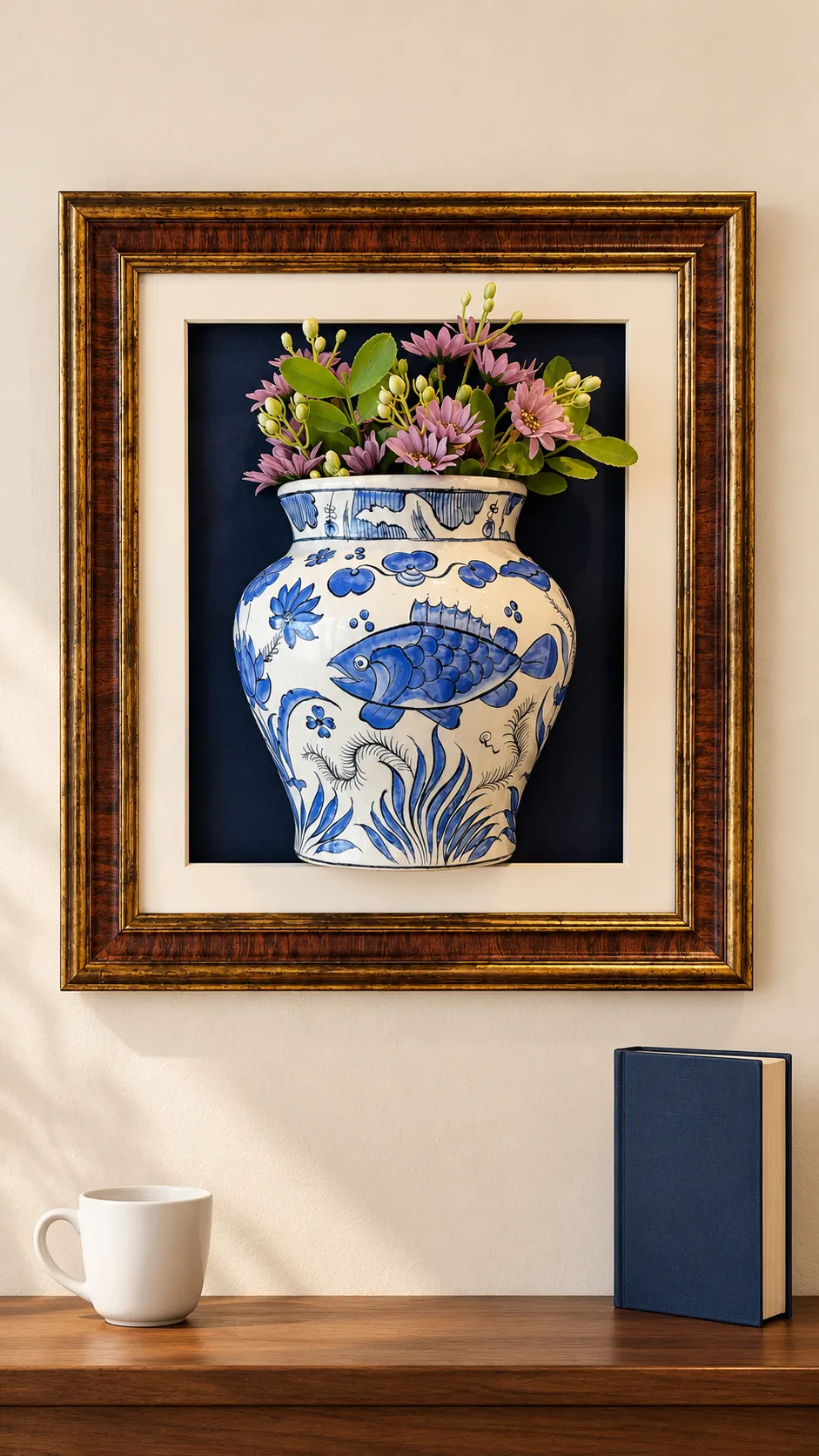 toptan_2 Balık Motifli Vazo ve Çiçekli Duvar Panosu 35 x 40 cm Kahverengi Altın Detaylı Çerçeveli - Görsel 1