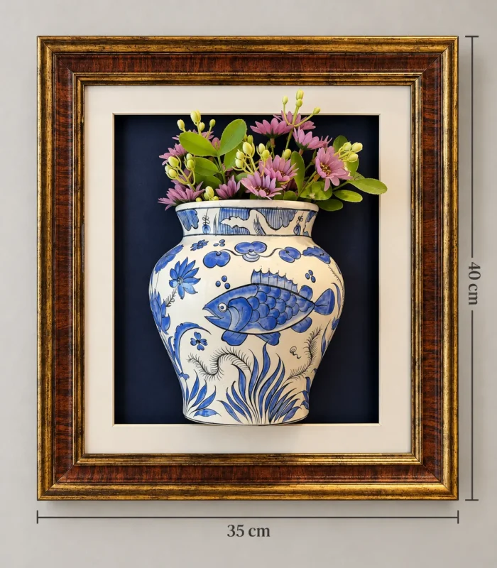 Balık Motifli Vazo ve Çiçekli Duvar Panosu 35 x 40 cm Kahverengi Altın Detaylı Çerçeveli - Görsel 2